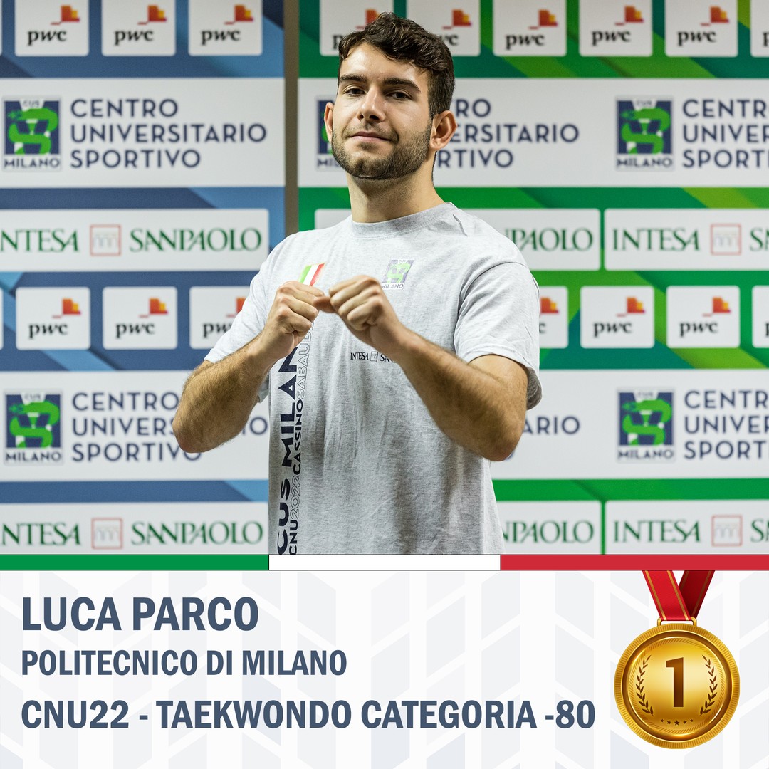 𝐋𝐮𝐜𝐚 𝐏𝐚𝐫𝐜𝐨 del Politecnico di Milano vince la medaglia d'oro nella categoria -80 Cinture Verdi del Taekwondo. 🥋 È suo il primo Oro dei CNU 2022 di CUS Milano! 🥇

#20054cassinoroyale #cnu22 #cassino2022 #sportuniversitario